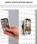 Two Pack Magnetic Tray Holders Pro Grade Stainless Steel 3.6 By 2.5 Inch Rectangular Trays With Strong Magnets holding screws on a white pegboard