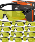 Hella Durable 12 Pack Safety Glasses For Men And Women Featuring Tinted Lenses With Top Tier Impact Resistance And Ansi Z87 Certification in a box, 12 pairs with yellow tinted lenses.