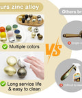 Comparison of zinc alloy and brass knobs showing multiple colors and easy cleaning features for bold red ceramic dresser knobs.