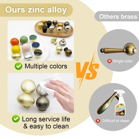 Comparison of zinc alloy and brass knobs showing multiple colors and easy cleaning features for bold red ceramic dresser knobs.
