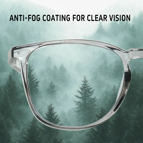 Close-up of Tough As Nails Safety Glasses With Anti Fog Shield and Blue Light Blocker, showcasing anti-fog coating for clear vision.