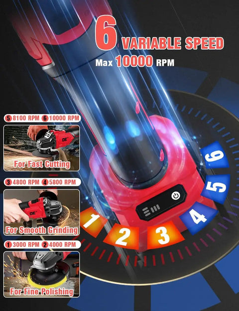 Built Tough As Nails Cordless Angle Grinder Featuring A Brushless Motor And Ten Thousand RPM Speed on variable speed settings.