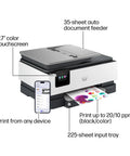 Front view of OfficeJet Pro 8125e Wireless All In One Color Inkjet Printer with 225-sheet tray, touchscreen, and auto feeder.