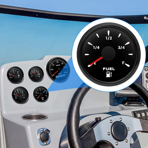 Heavy Duty Fuel Sending Unit And Gauge Kit Compatible With 240 To 33 Ohm Systems in marine dashboard view.