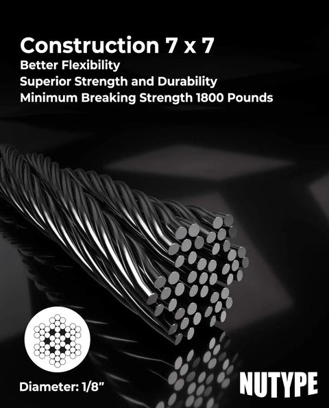 Marine Grade Stainless Steel Cable One Eighth Inch For Deck Railing, Aircraft Style Wire Rope, Seven By Seven Strand Core