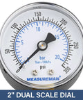 Air to Water Pressure Test Gauge 2 Inch Dial 0 to 300 Psi Leak Detector Kit shows dual scale for accurate pressure readings.