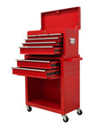 Hella Smooth Rolling 8 Drawer Tool Chest With Detachable Master Top Box And Cushioned Liners For Serious Gear Head Crew And Pro Mechanics Who Want Durable Shop Storage In Red, showcasing eight drawers and a top box.