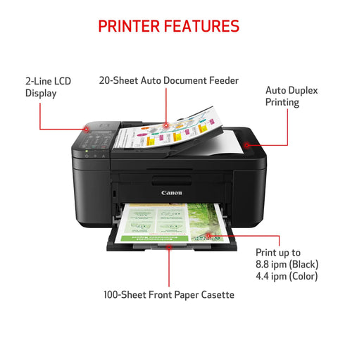 Front view of all in one wireless printer for home office use with auto document feeder and built in fax, black.