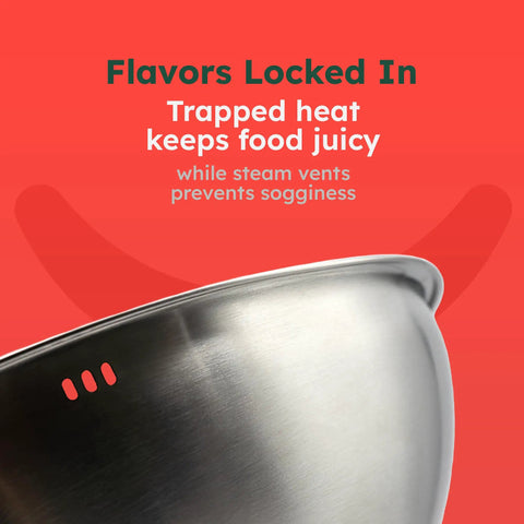 Close-up of stainless steel 12 Inch Melt Dome with steam vents shown against a red background highlighting features.