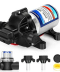 12V Fresh Water Pump For RV And Boat, Diaphragm Pump With 3.5 GPM, 45 PSI, 1/2 NPT Connection, low noise, detachable filters, parts shown