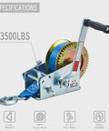 Beefy 3500 Lb Boat Winch With 32ft Blue Strap 2 Speed Hand Winch showing specifications and sturdy construction
