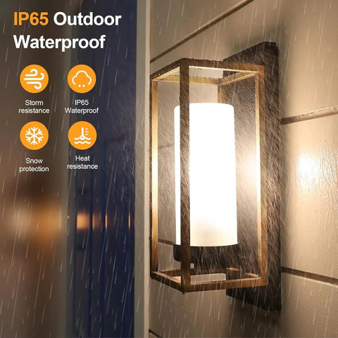Dope Black And Gold Outdoor Wall Sconce Set Of 2, Modern Hardwired Exterior Lights shown in rain on front door wall