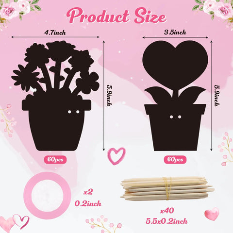 Flower Scratch Card Craft Kit For Kids Featuring 60 Cards In Two Styles with hearts and flowers, 20 wooden styluses, pink ribbon