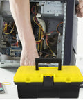 Totally Nifty Portable Plastic Toolbox With Heavy Duty Buckle And Comfy Grip designed for mechanics, shown during PC repair.