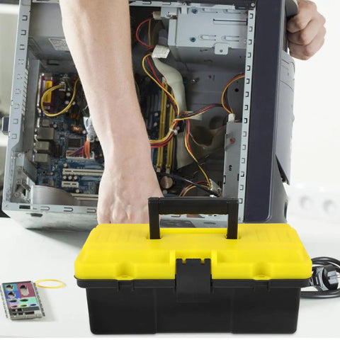 Totally Nifty Portable Plastic Toolbox With Heavy Duty Buckle And Comfy Grip designed for mechanics, shown during PC repair.