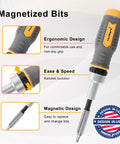 Seventy Seven Piece Ratcheting Screwdriver Bit And Socket Kit With Heavy Duty Carry Case showing ergonomic screwdriver with magnetic design
