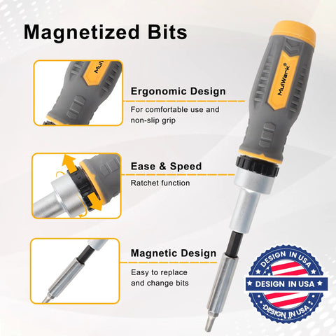 Seventy Seven Piece Ratcheting Screwdriver Bit And Socket Kit With Heavy Duty Carry Case showing ergonomic screwdriver with magnetic design