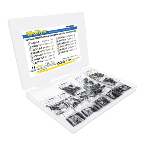 Premium Grade 400V Aluminum Electrolytic Capacitor Assortment Kit With Ninety Five Pieces displayed in a clear storage case.