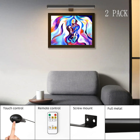 2 Pack Wireless Picture Lights With Remote Battery Operated 16.5 Inch Dimmable Timer Full Metal Magnetic Display Light over art