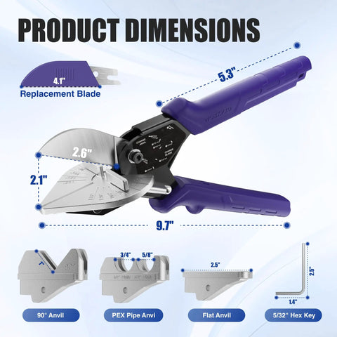 Versatile Miter Shears With Four Dedicated Cutting Slots For Hella Accurate Trim Work And Quarter Round Corners Built Dang Solid, showing dimensions and replacement blade.