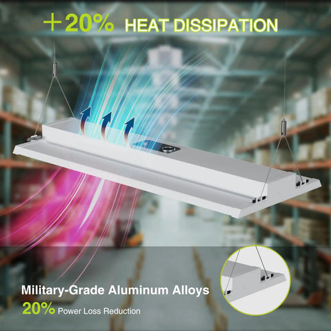 210W LED Linear High Bay Shop Light With Large Central Lighting Area 31500 Lumens shown in warehouse setting