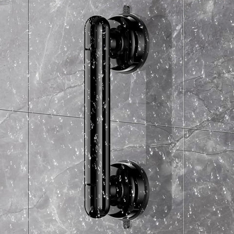 Premium Upgraded Rock Solid Two Pack Shower Grab Bars For Bathroom Wall, Heavy Duty Non Slip Suction Handles With Zero Drilling Nonsense, Game Changing Senior Safety Assist Grips, Reusable Black White Set mounted on wet tile.