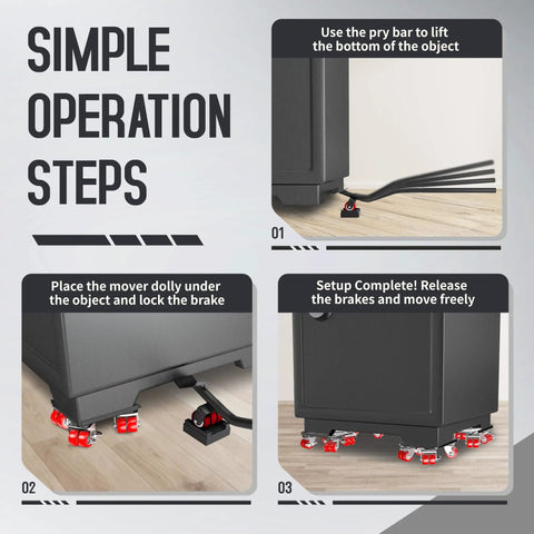 Simple operation steps for Heavy Duty Furniture Dolly Set Of 4 Red Pieces Comes With Carbon Steel Swivel Casters and Twin Roller Wheels.