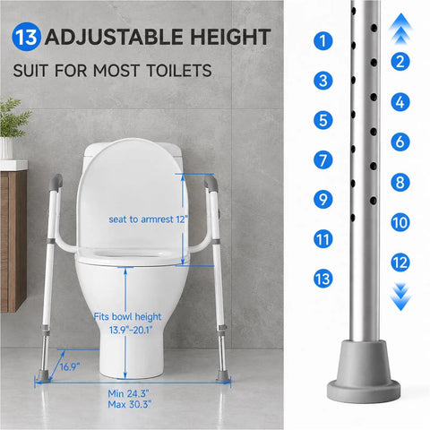 Adjustable Toilet Safety Rails For Seniors With Locking Mounts To Seat Holes, showcasing adjustable height options and measurements.