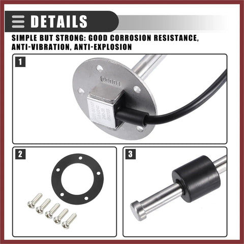 Built Tough Heavy Duty Universal Marine Fuel Sending Unit Top Shelf Float Gauge Sensor close-up of stainless steel components and screws.