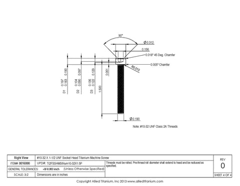 Tough As Nails Grade Two Titanium Socket Head Machine Screws Pack Of Twelve Number Ten Thirty Two X One Point Five Inch Unf Threads drawing with dimensions and specifications.
