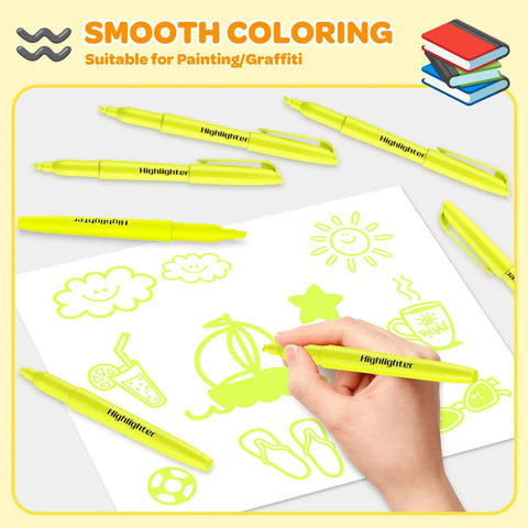 Hand using Bulk 48 Pack Yellow Highlighters With Chisel Tip And Quick Dry Ink No Bleed Through For Studying Notes Back To School Office Supplies For Students And Teachers on paper