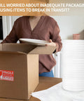 Heavy Duty Packing Foam Roll 160 Feet Long Cushion Wrap beside a woman packing a plate into a fragile box.
