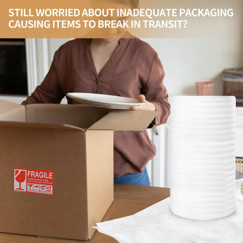 Heavy Duty Packing Foam Roll 160 Feet Long Cushion Wrap beside a woman packing a plate into a fragile box.
