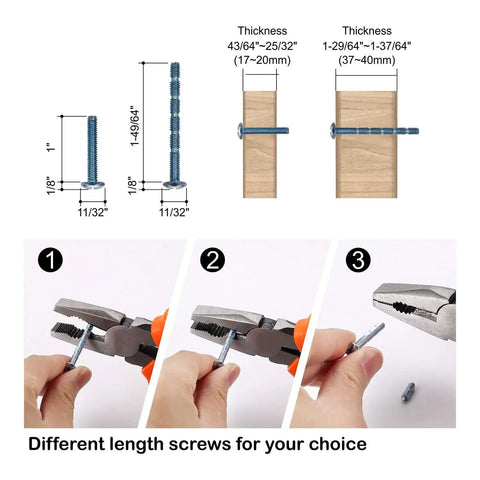 Installation guide showing different screw lengths and knob mounting for 10 Pack Gold Knurled Cabinet Knobs For Drawers, Dressers, Cupboards And Wardrobes, Sleek Knurled Handles With Easy Install Mounting, Durable Brass Construction, Modern Kitchen And Bedroom Hardware, Model ZH0036.