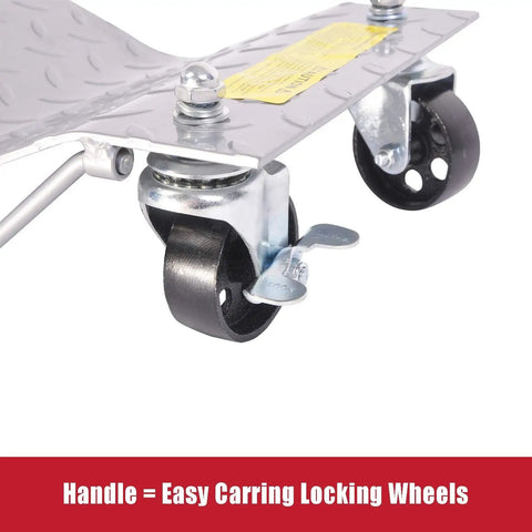 Detail of locking wheels on Two Pack Heavy Duty Car Tire Rollers, 3000 Lb Wheel Dolly Set with handle for easy carrying.
