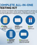 Complete kit showing six agar plates, sterile swabs, pipettes, and vials for No Sweat Water Bacteria Test Kit Six Pack.