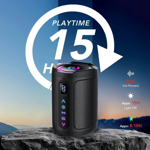 Portable Bluetooth Speaker With LED Light, Outdoor Waterproof Speaker For Travel, Sports And Parties on a rock with sunset view