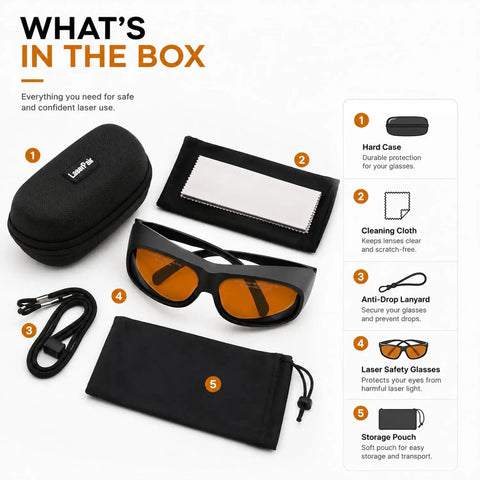 Pro Grade Multi Wavelength Laser Safety Glasses With Heavy Duty Optics Spanning 180 To 1095 Nm For Industrial Medical And Lab Work That Keep Your Vision Crisp And Bulletproof with hard case, cleaning cloth, and storage pouch.