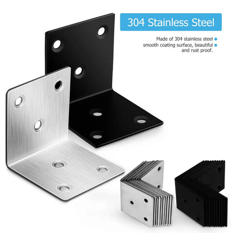 Heavy Duty Right Angle Corner Brackets With Screws For Drawer Repair And Furniture Fixes Solid Steel Corner Braces in polished black and silver.