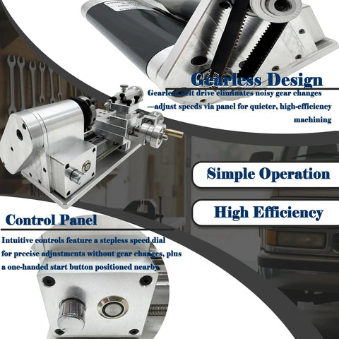 Detailed view of Straight Shooting Compact Mini Lathe Machine showcasing gearless design and control panel for variable speed operation.