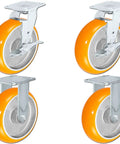 Beast Mode 4 Pack 8 Inch Polyurethane Casters With Orange Tread Non Marking Heavy Duty Rolling Wheels For Factory And Auto Repair 2 Swivel With Brakes Plus 2 Rigid Mounts