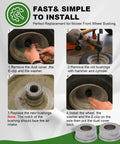 Installation steps for Front Wheel Bushings For Riding Lawn Mowers, showcasing tools and bushing replacement process.