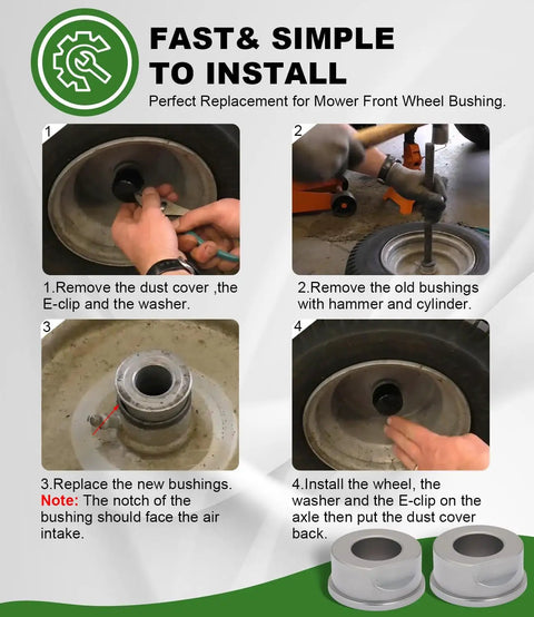 Installation steps for Front Wheel Bushings For Riding Lawn Mowers, showcasing tools and bushing replacement process.