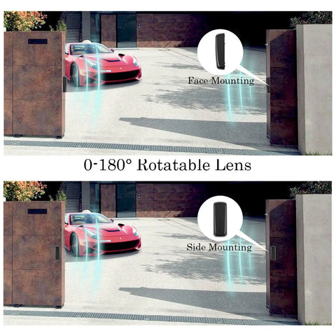 Infrared Gate Opener Sensor Set With Rotatable Lens And Wireless Receiver installed at driveway entrance, showing face and side mounting options.
