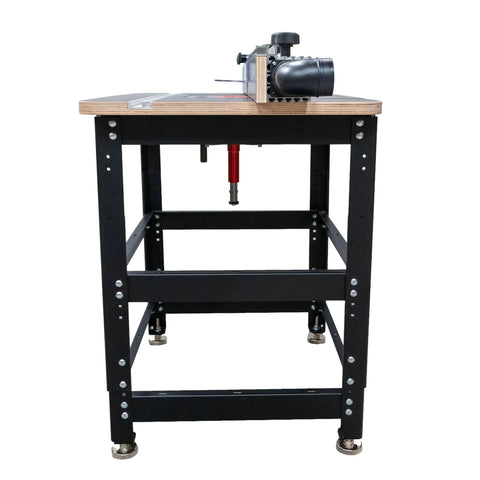 Rock Solid Birch Plywood Router Table Workhorse Featuring Precision Manual Lift Dial mounted on a heavy duty steel stand.