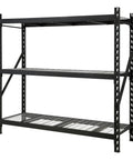 Robust 3 Tier Steel Shelving Rack With 6000 Lb Heavy Duty Capacity For Garage And Warehouse Storage, black steel frame, three wide tiers.