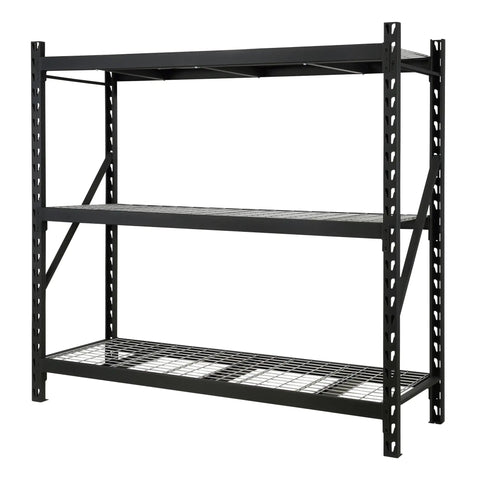 Robust 3 Tier Steel Shelving Rack With 6000 Lb Heavy Duty Capacity For Garage And Warehouse Storage Features 24 Inch Wide with metal frame.