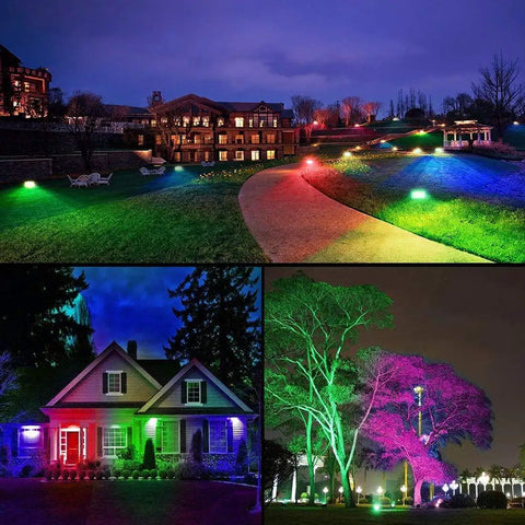 Smart Led Flood Light 30W RGB Color Changing Bluetooth App Control Outdoor Security Light illuminating yard pathways at night.