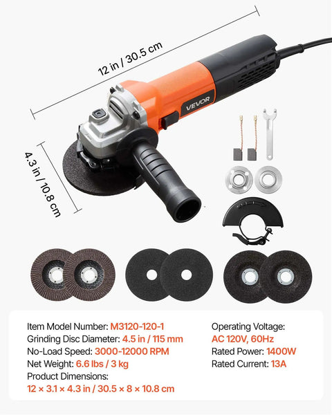 Badass Hustle Ready 4.5 Inch Angle Grinder 1400W high amp electric motor with accessories for rust stripping and sanding.