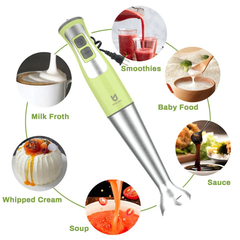 5 In 1 All In One Immersion Hand Blender With 8 Speeds And 300W Power showing various uses including smoothies and sauces